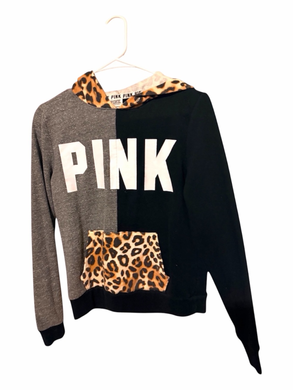 PINK Victoria's Secret Rare! Gray & Black Hoodie with Leopard Trim